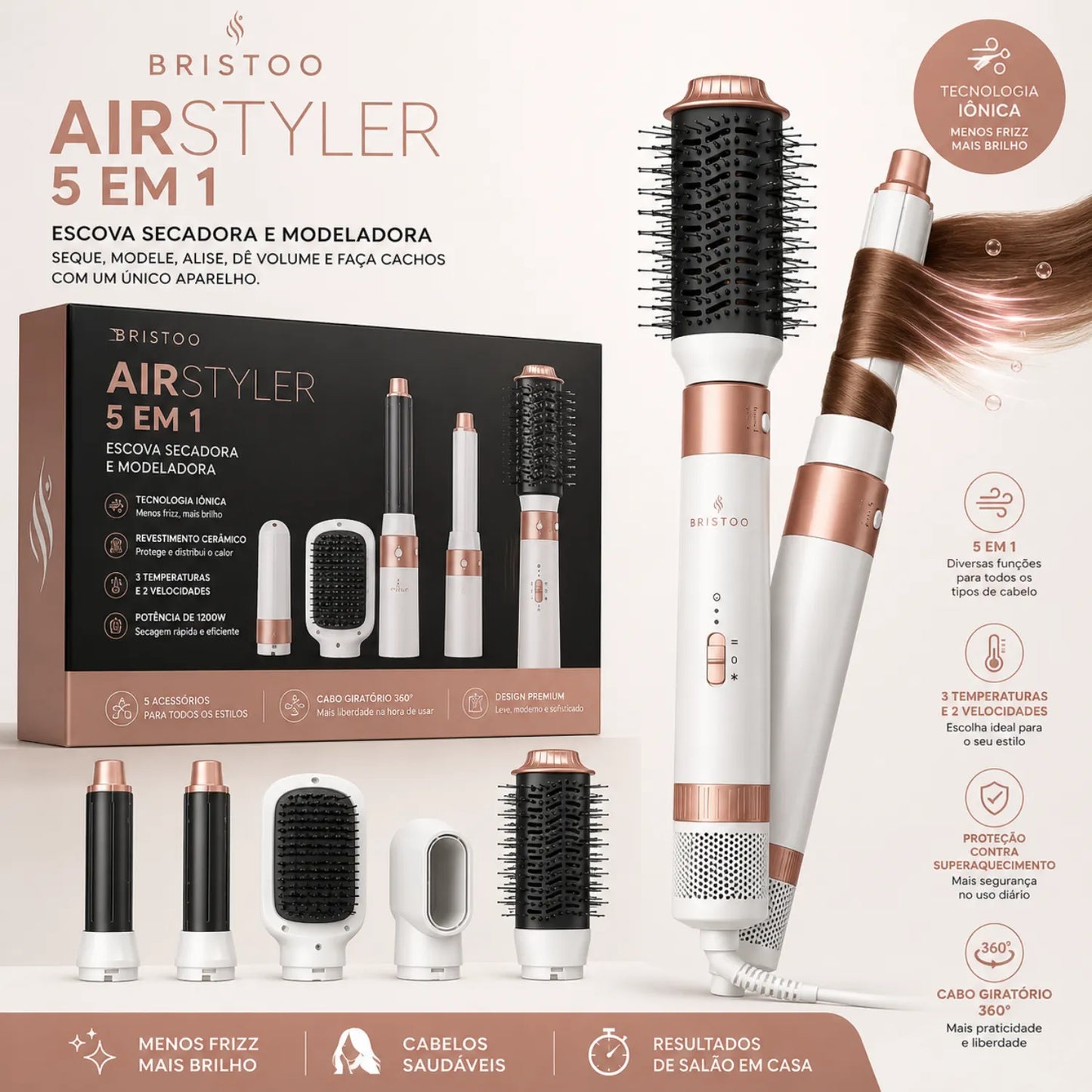 Escova Secadora e Modeladora 5 em 1 Bristoo AirStyler