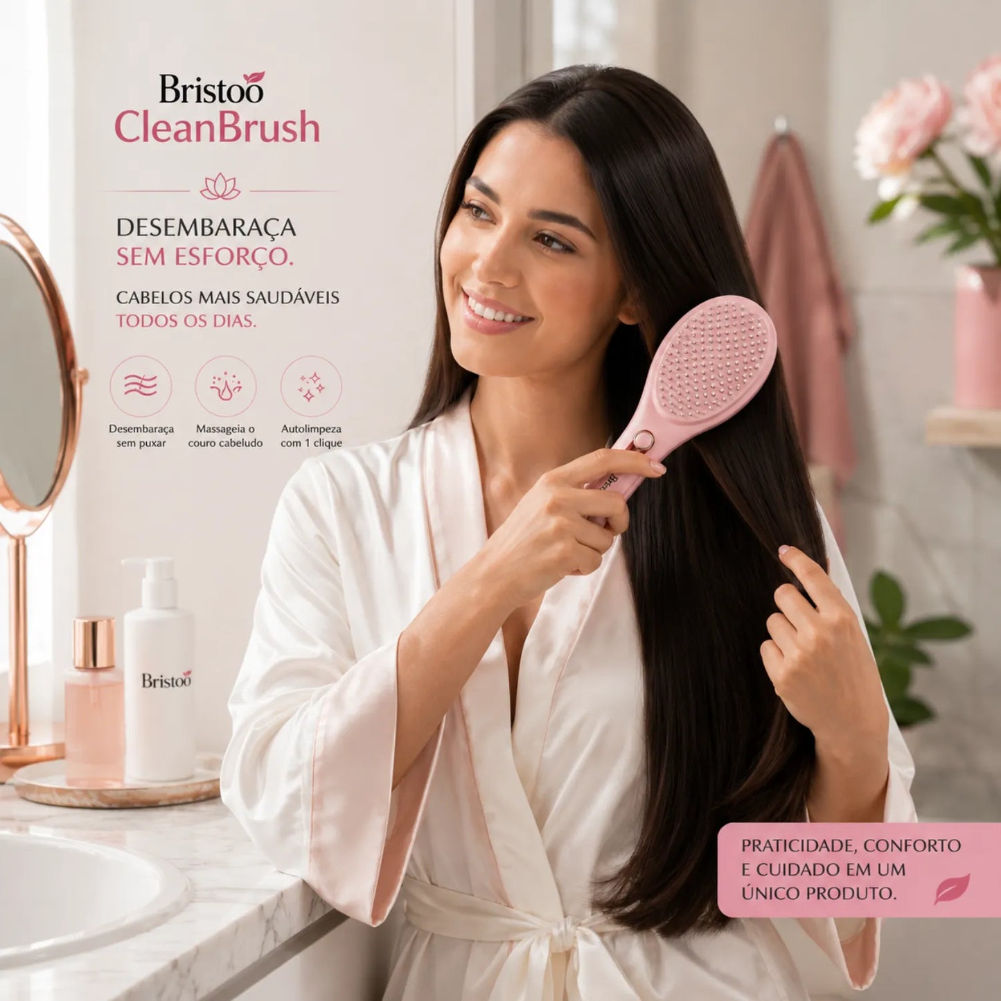 Escova Desembaraçadora Bristoo CleanBrush com Autolimpeza