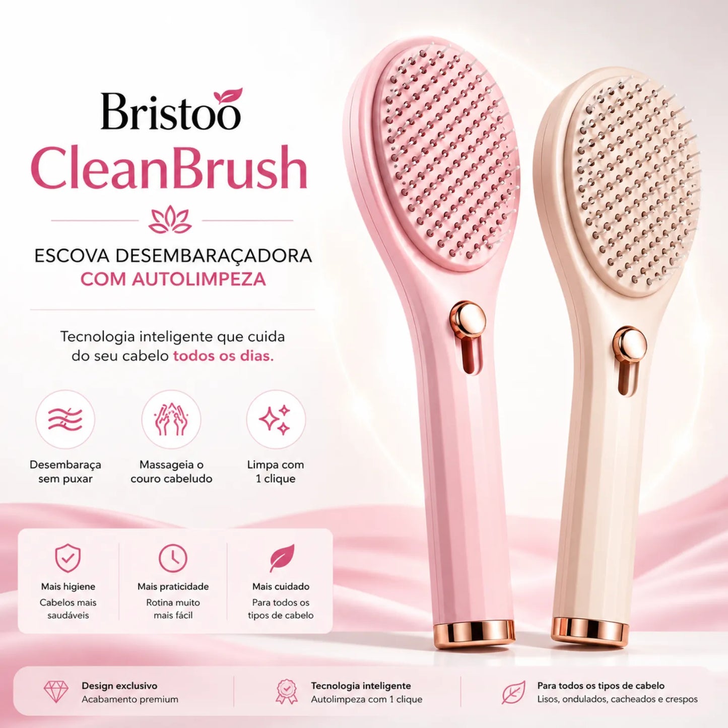Escova Desembaraçadora Bristoo CleanBrush com Autolimpeza