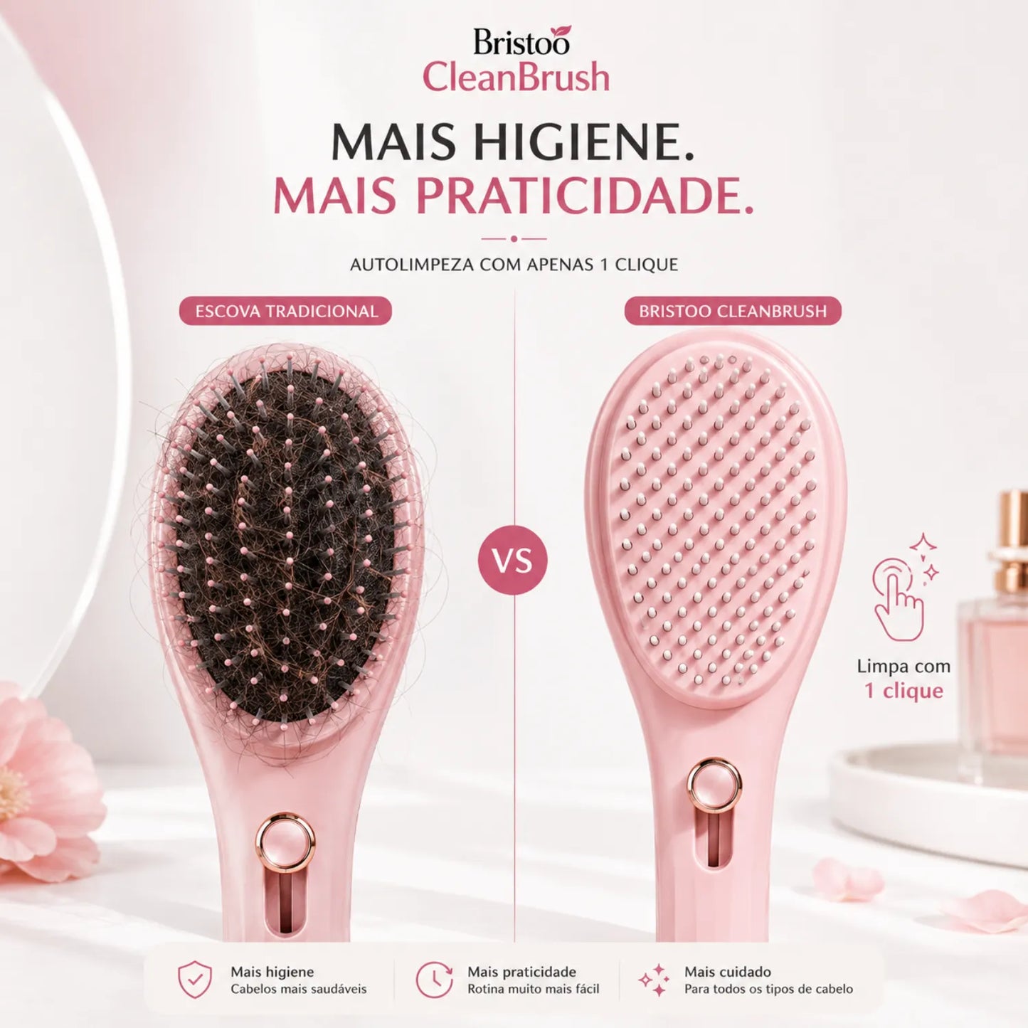 Escova Desembaraçadora Bristoo CleanBrush com Autolimpeza