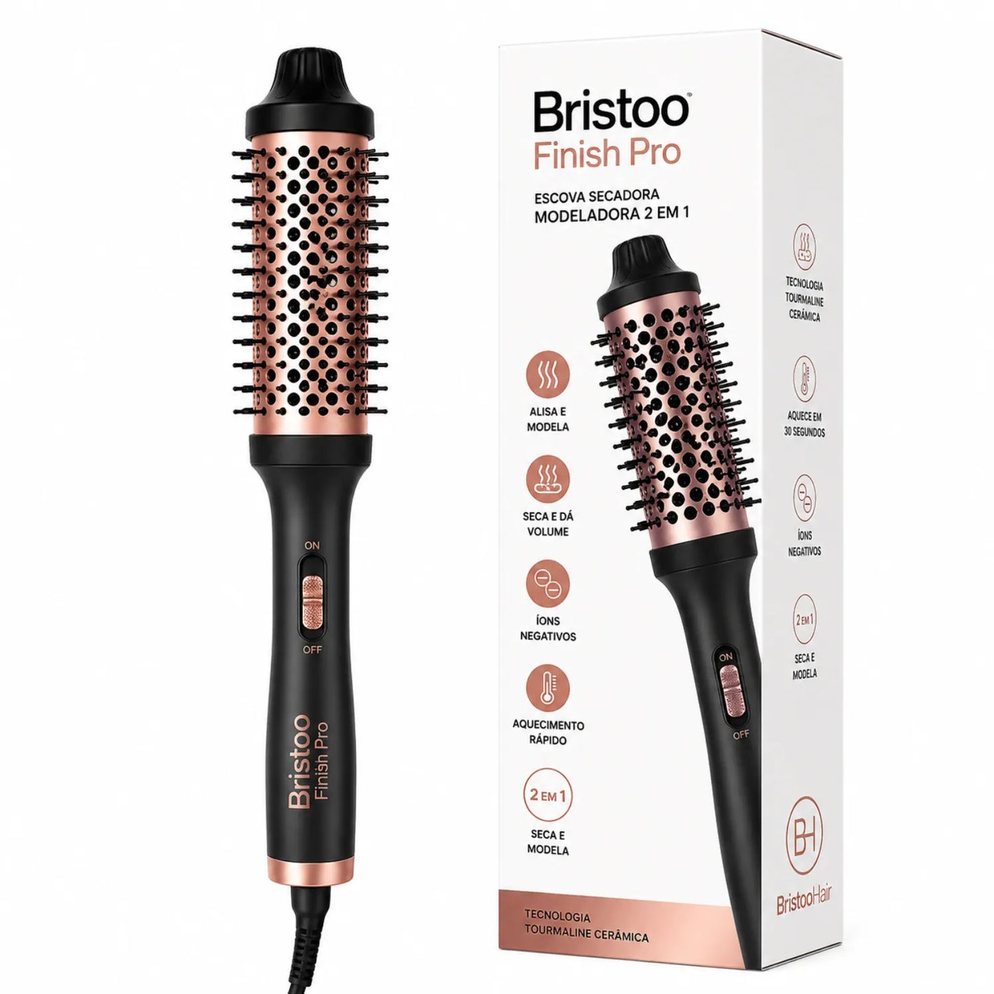 Escova Térmica Modeladora Bristoo Finish Pro 2 em 1 -Volume, Brilho e Menos Frizz