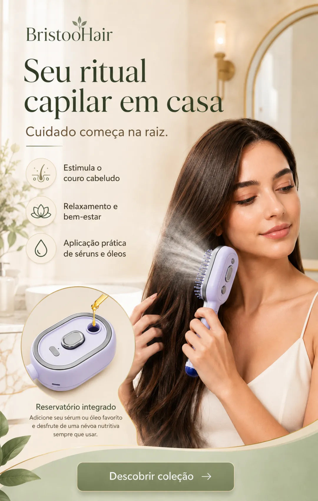 Mulher usando escova massageadora capilar BristooHair em um ritual de autocuidado com o couro cabeludo.