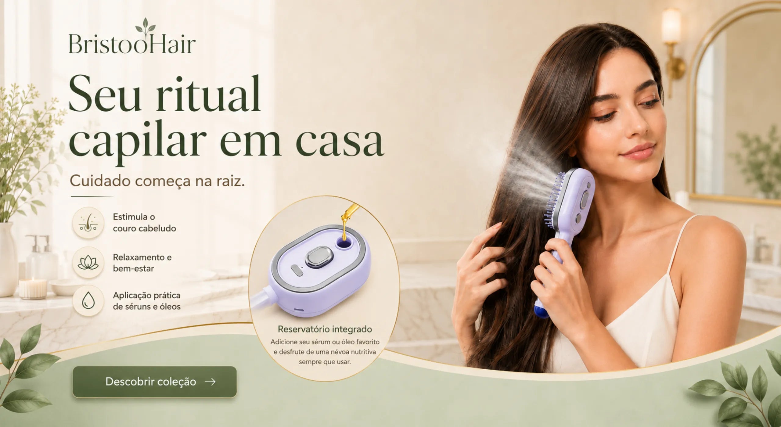 Mulher usando escova massageadora capilar BristooHair em um ritual de autocuidado com o couro cabeludo.
